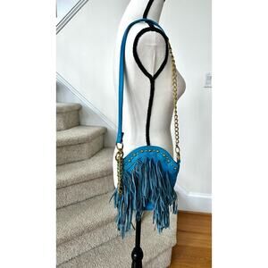 Nila Anthony Teal Blue & Gold Chain Faux Leather Tassel Western Boho Crossbody